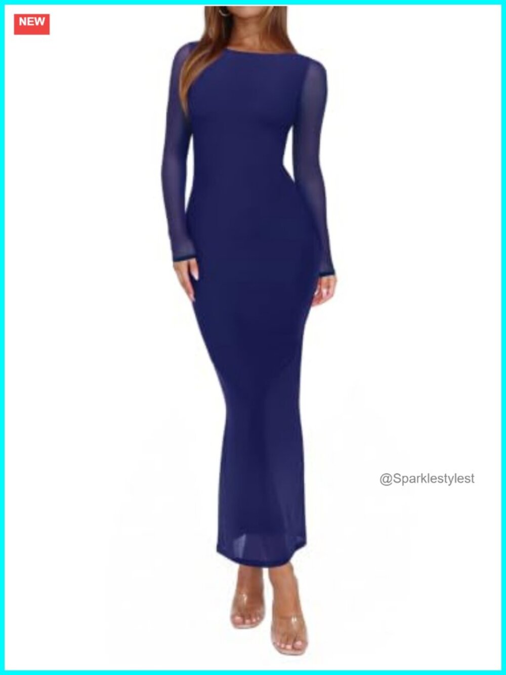 REORIA Women's Mesh Sheer Long Sleeve Bodycon Maxi Dress Wedding Guest